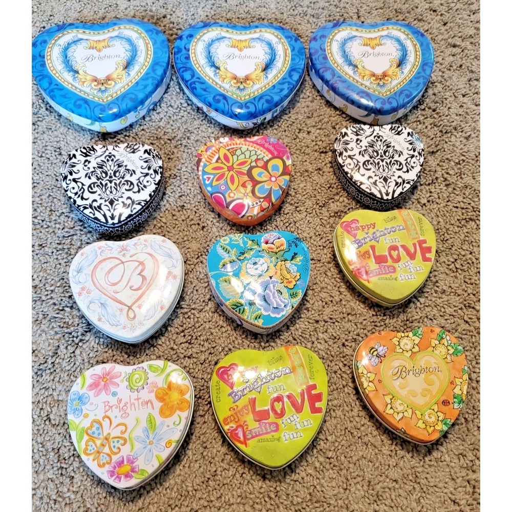 Brighton Metal Tins Lot of 12 Heart Shaped Jewelry Boxes Gift Boxes Empty